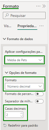 Captura de tela mostrando o guia formato do power bi na coluna de propriedades com a média de pets, opções de formato como decimal e casa decimais como 2.