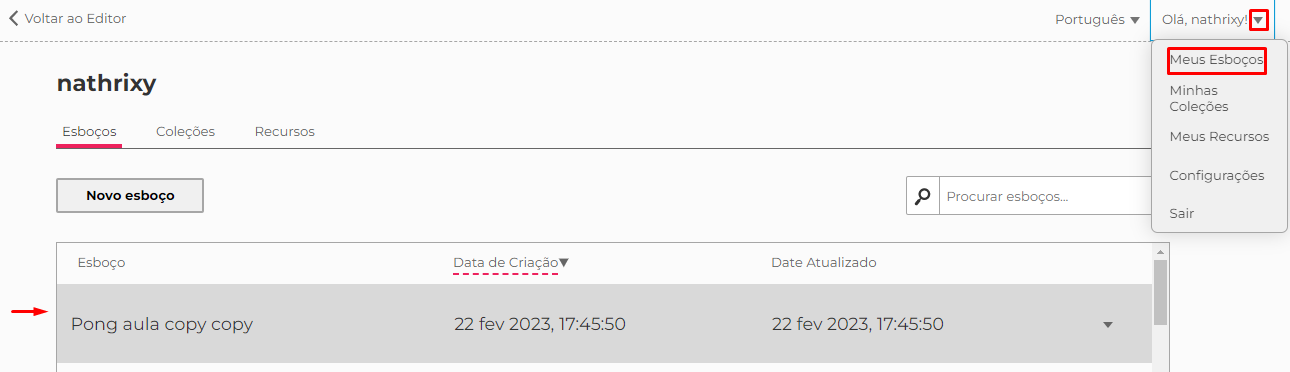 Print da tela do p5.js. Mostrando o caminho que realiza para podermos acessar os projetos salvos, que é através do nome de usuário, escolha a opção meus esboços e a tela com os esboços se abrirá.