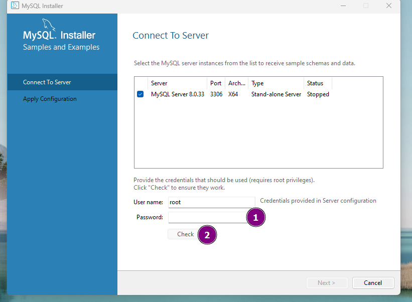 Captura de tela do Mysql installer, dando foco a inserção de senha para o usuario root na etapa Connect to server, 