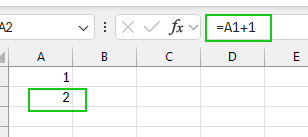 Captura de tela mostrando a formula =A1+1 escrita no campo de fórmula e na coluna A2 o resultado 2 gerado pela fórmula, ambos destacados de verde. 