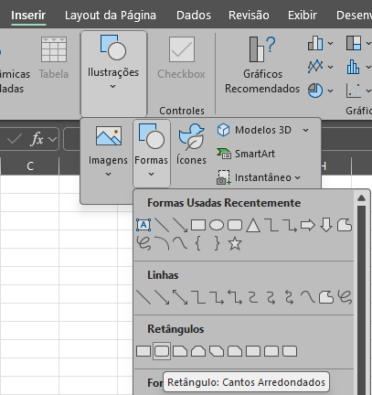 Captura de tela mostrando a guia Iniciar do Excel selecionada. Temos uma imagem com o fundo cinza escuro no cabeçalho, e nele temos a guas: Inser, Layout da página, dados, revisão e exibir. Na faixa de opções temos a ilustração selecionada e com a opção formas expandida. Em formas, o formato rentângulo com cantos arredondados está destacado.