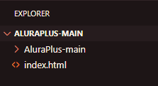 Captura de tela mostra como o arquivo index deveria estar, dentro da pasta raiz (principal). No caso é ALURAPLUS-MAIN.