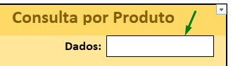 Captura de tela do quadro de resumo que está em uma planilha do excel, referente ao projeto da aula. Temos um quadrado amarelo com o titulo consultado por produto, logo abaixo temos um campo escrito dados e ao lado um campo em branco, este está com a seta verde destacando porque precisamos selecioná-lo.