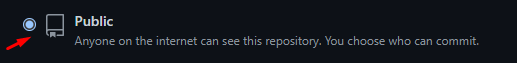 Inicio da transcrição.Print da tela do Github, mostrando a opção Public selecionada e destacada por uma seta vermelha.Fim da transcrição.
