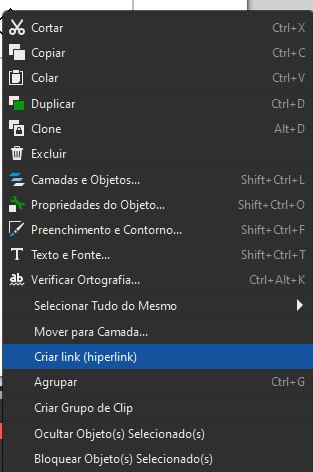 Captura de tela mostrando a janela que abre ao clicar com o botão direito do mouse sobre um elemento dentro do inskcape. Abre várias opções como cortar, copiar, colar, duplicar, clone, excluir e incluindo criar link.