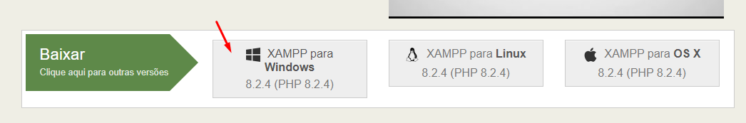 print da tela da pagina de download do XAMP, com a opção XAMP para windows detacada por uma seta vermelha.