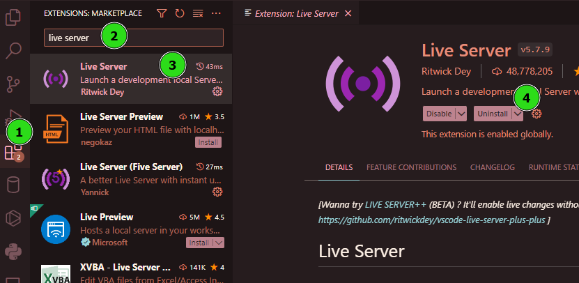 Captura de tela do VS Code, ilustrando o caminho descrito anteriomente para encontrar a extensão do live server no editor de código. Cada passo está enumerado de 1 a 4.