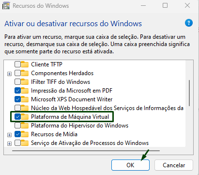 Caputra de tela ilustrando a janela de ativar e desativar recursos do windows com a opção de plataforma de máquina virtual marcada como exemplo.