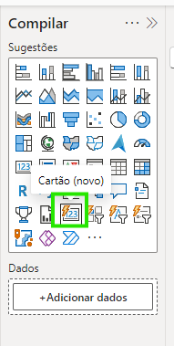 A imagem mostra a aba compilar do power bi selecionada com a opção de cartão destacado com um quadrado verde.