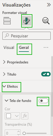 Captura de tela mostrando a guia de Visualizações do powerbi, a opção geral e efeitos estão selecionados para alterar a tela de fundo.