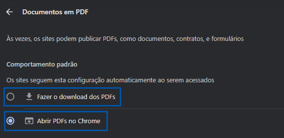 Captura de tela mostrado a opção Documentos em pdf das configurações do navegador chrome. Na imagem, a caxinha de abrir pdfs no chrome está marcado. 