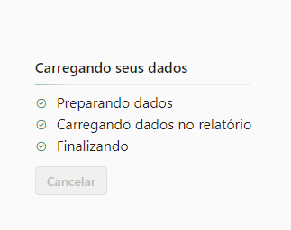 Captura de tela mostrando o status do carregamento de dados com as etapas:Preparando os dados, carregando dados no relatório e finalizando.