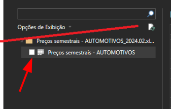 Captura de tela da janela de carregamento de arquivo do power bi, mostrando uma tabela carregada com um seta indicando a caixinha de marcação sem check.