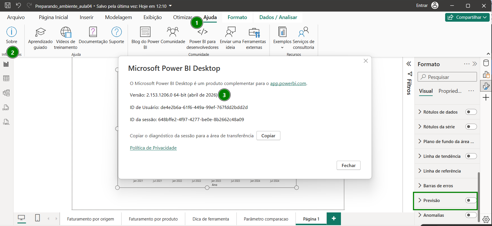 A imagem mostra o Microsoft Power BI Desktop com a aba Ajuda aberta (marcada com ①). No menu suspenso, a opção Sobre está selecionada (marcada com ②). Uma janela central exibe informações da aplicação, com a versão 2.153.1206.0 64-bit (abril de 2026) destacada (marcada com ③). No painel direito de formato, a opção Previsão aparece marcada com um retângulo verde.