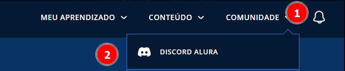 Recorte de imagem da plataforma Alura com o fundo azul, um cabeçalho com abas clicáveis de "Meu Aprendizado", "Conteúdo" e "Comunidade". A aba Comunidade está selecionado e destacado pelo número 1 dentro de uma bola vermelha e a opção Discord Alura derivado da aba, está destacada com o número 2 dentro de uma bola vermelha.