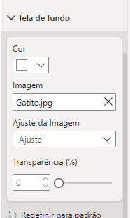 Captura de tela da aba visualizações no power bi, dando destaque para opção de tela de fundo e ajuste de imagem como ajuste para que a imagem fique adequada ao projeto. 