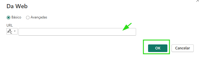 Captura de tela ilustrando a janela que se abriu após clicar em Web, como descrito no passo anterior. Na janela aberta mostra o campo escrito URL, onde é preciso colar o caminho do arquivo excel que copiamos anteriormente e depois clicar em ok.