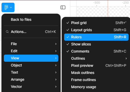 Captura de tela no figma mostrando o menu principal expandido, a opção view está selecionada juntamente com a opção rules, todas destacadas por um quadrado preenchido em tom de azul. 