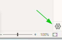 Captura de tela mostrando o ícone de engrenagem de configuração do power bi que está no canto inferior direito da tela da ferramenta. Abaixo temos uma barra de ajuste de tamanho de tela. Possui uma seta verde apontando para o ícone de engrenagem