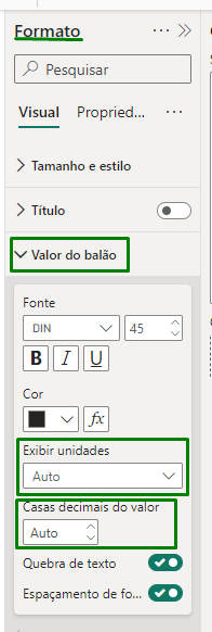 Captura de tela mostrando a guia formato no power bi, no visual temos destacado o valor do balão e as casas decimais como 2 destacados de verde