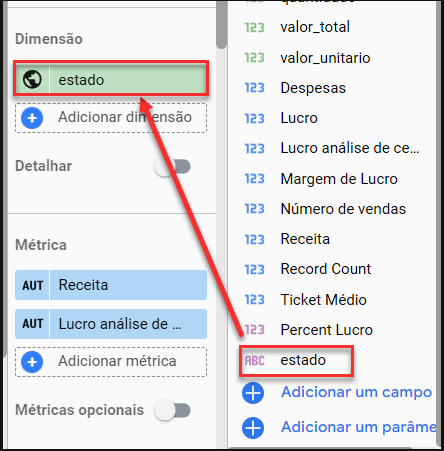 Captura de tela das abas de configuração e de dados do Looker Studio, com fundo branco. Na esquerda, na aba de configurações, temos as áreas de Dimensão, com o campo de “estado” destacado com um retângulo vermelho, e Métrica, com os campos selecionados. Na direita, temos os campos da tabela, com o campo de estado destacado com um retângulo vermelho. 