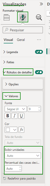 Captura de tela da interface do power bi, focado na aba de visualizações, reproduzindo e destacando os passos mencionados anteriormente para verificar o percentual das casas decimais.