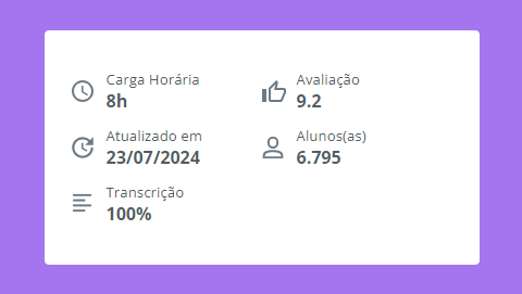 Captura de tela mostrando uma seção de informações de um curso. Contendo carga horária, avaliação, atualizado em e número de alunos e alunas. 