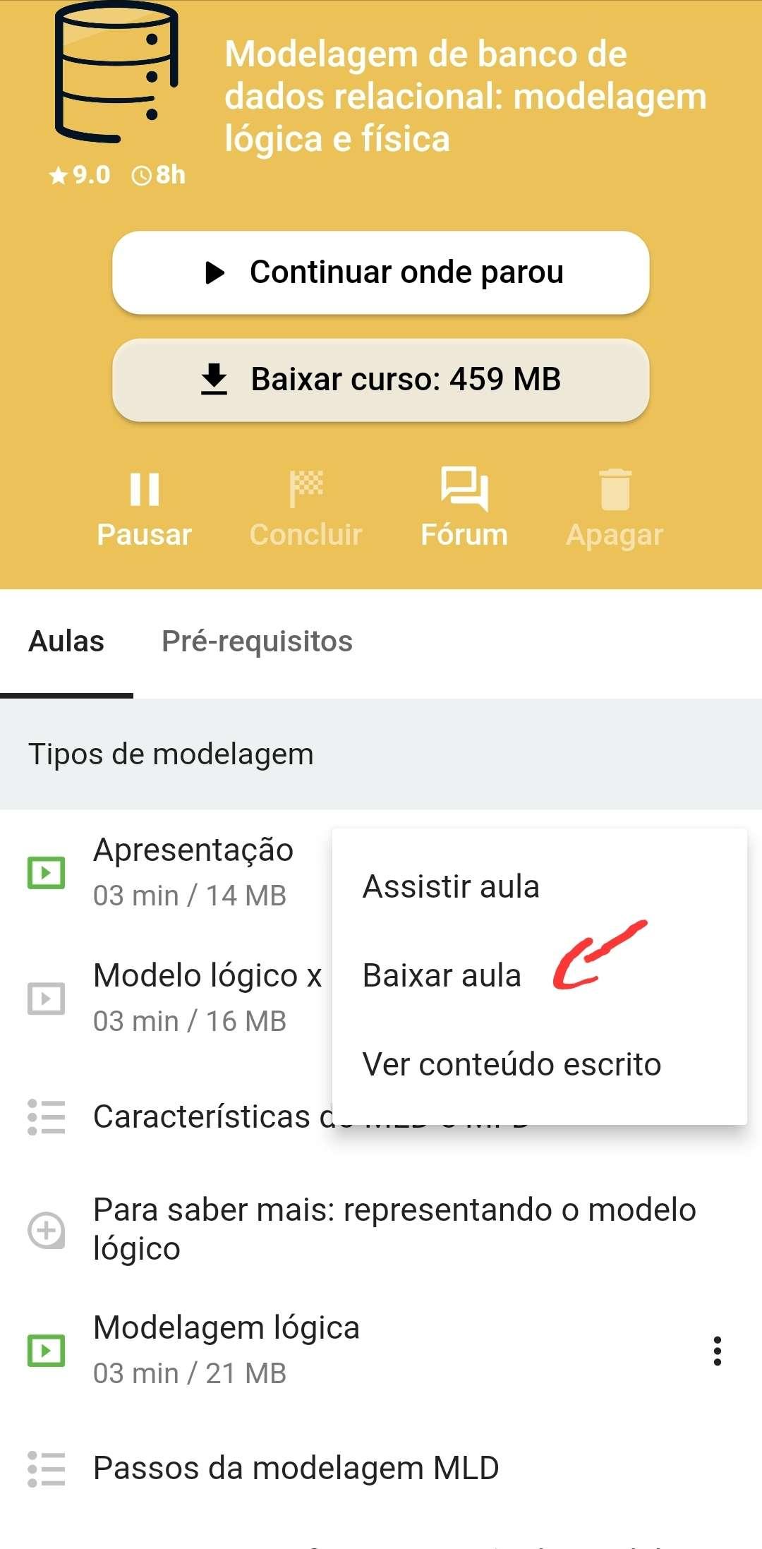 Print da página do curso de Modelagem de Dados no aplicativo mobile. Na imagem podemos ver visualmente os passos descritos.