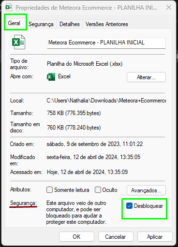 Captura de tela mostrando a janela de propridades da planilha. A aba Geral está aberta e a caixa de desbloqueio do arquivo esta marcado. 