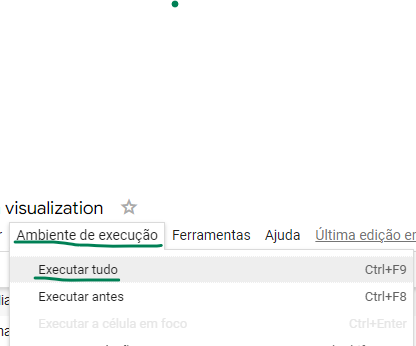 Captura de tela mostrando a guia ambiente de execução encontrada no menu superior do google colab. Ao selecionar a guia, aparece subopções, executar tudo está destacada por um traço verde, indicando a realização da ação. 