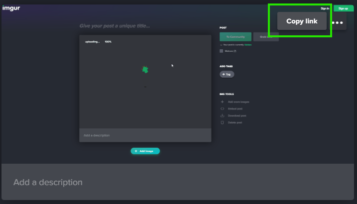 A imagem é representa o site da Imugur com um gif upado. No canto direito do gif contem um botão chamado copy link, no qual será gerado um link da imagem/gif para ser usado. O botão está destacado de verde. 