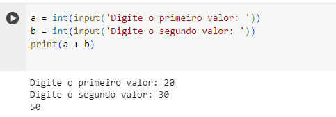 Captura de tela mostrando o teste do código disponibilizado pela aluna. Fazendo a soma entre a e b e imprimindo o resultado.