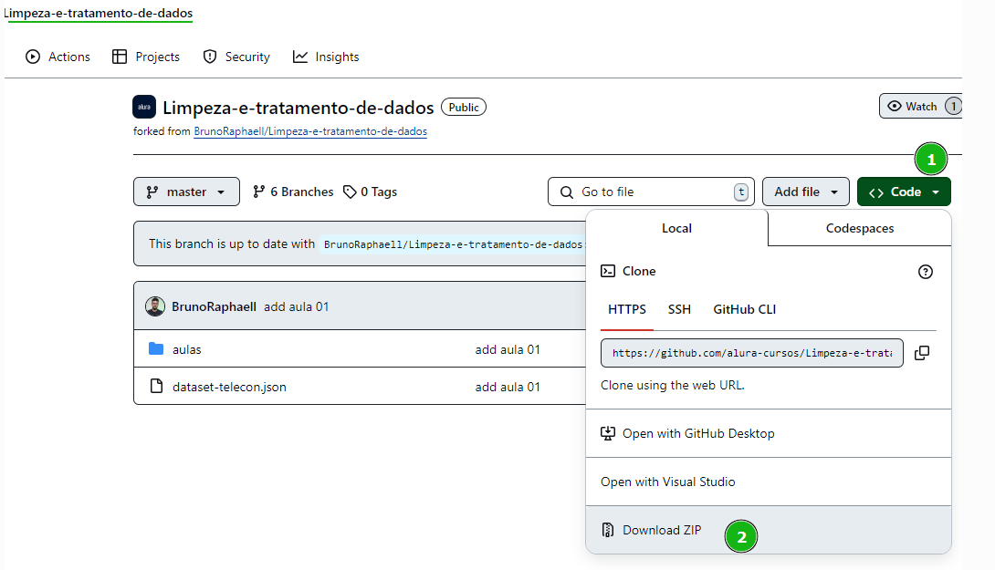 Captura de tela mostrando a pagina incial de um repositorio no github. Temos um destaque no botão chamado code e depois na subopção escrito download.