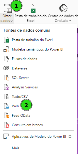 Captura de tela mostrando o painel de menu do power bi, contem as abas obter dados, pasta de trabalho do excel e centro de dados no OneLake. A aba obter dados está marcada como passo um. Na janela que se abre ao clicar em obter dados, tem várias opções de fontes para importar, a opção wev está marcada como passo 2.