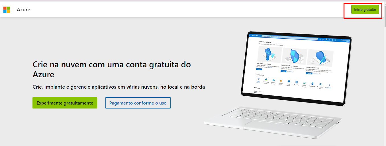 Captura de tela do site da Azure, com foco na inscrição gratuita no site pelo botão verde escrito Inicio gratuito que fica no canto superior direito da tela, ele está destacado por um quadrado vermelho.