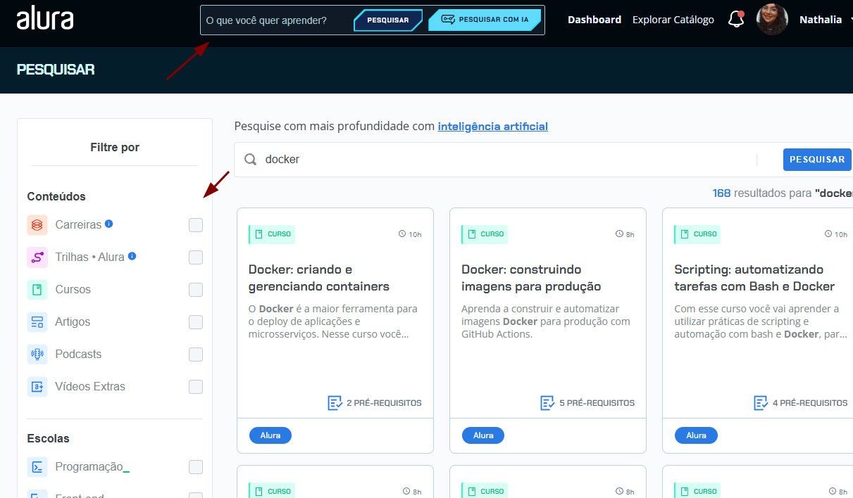 Captura de tela mostrando a página de filtros de conteudos na plataforma alura