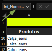 Captura de tela mostrando a caixa de nome do intervalo alterado de A4 para in_Nome_Produtos para poder criar um referencia do intervalo