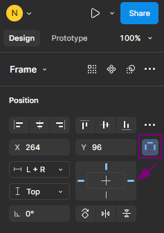 Interface do Figma com a seção Position selecionada. Ela mostra as coordenadas X 264 e Y 96 do elemento no layout e controles de alinhamento. Um botão de alinhamento automático, chamado constraint, está destacado à direita, representado por um ícone azul com linhas e um ponto central. 