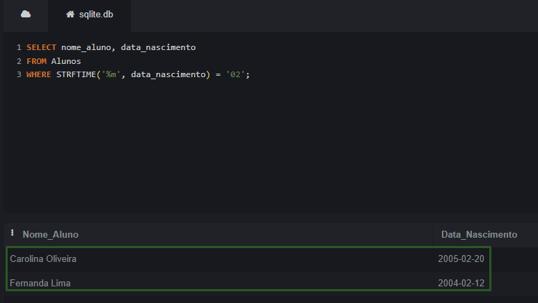 Captura de tela da consulta dita anteriormente no SQLite Online, com o retorno de aniversariantes do mês de fevereiro.