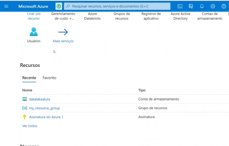 Captura de tela mostrando a ferramenta do Azure na tela inicial. Contendo opções de interações na parte superior e na parte inferior a aba de Recursos, onde contém as contas de armazenamento datalakealura e my_resource_group, que são utilizados em aula.