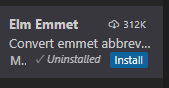 Recorte de um print da tela do VS Code, mostrando a opção Elm Emmet que apareceu após digitar o nome do recurso no campo de busca. Está escrito Elm Emmet e abaixo contém um botão azul escrito Install.