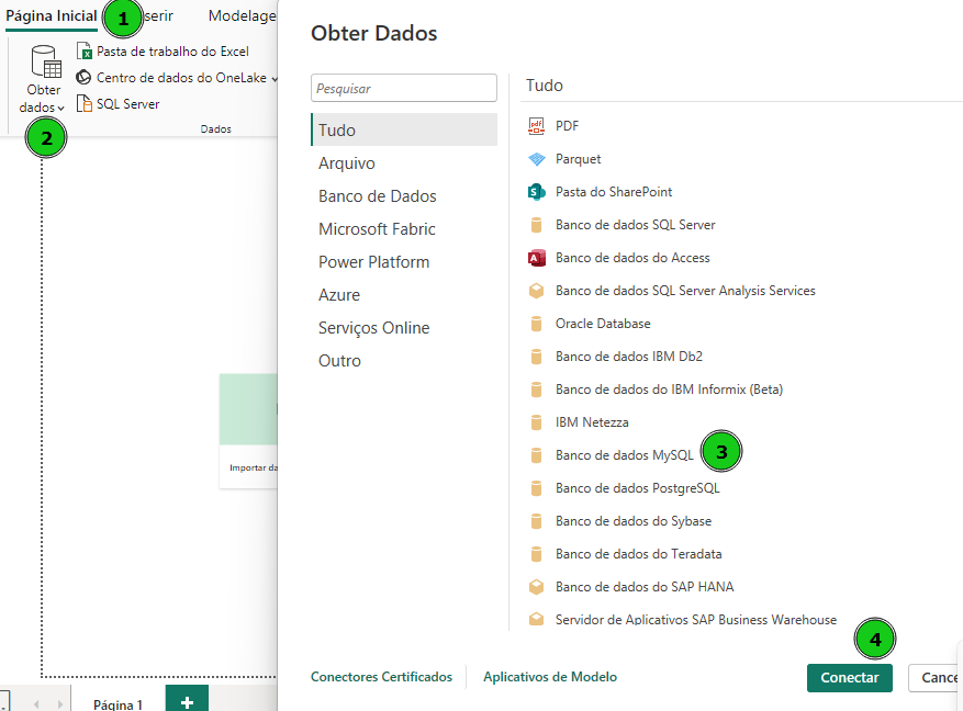 Captura de tela mostrando a guia pagina incial do power bi selecionada para obter dados a partir de um banco de dados do mysql.