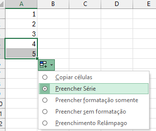 Captura de tela mostrando uma planilha no excel com uma mini tabela de 1 a 4 para realizar o preenchimento em série automatico conforme os passos acima.