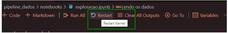 Captura de tela mostrando o menu superior do kernel no ambiente python usado na ferramenta vscode. A opção restart kernel está destacada de verde.