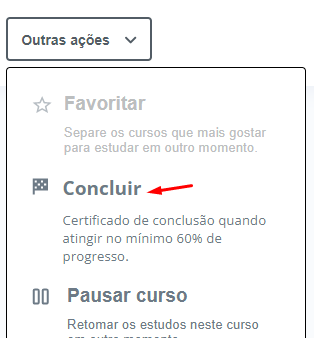 Recorte da imagem do curso na plataforma da Alura, com a aba de Outras opções selecionada e com a opção Concluir destacada de vermelho.