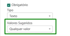 Captura de tela mostrando algumas opções contidas na janela de gerenciamento de parâmetros do power bi. Temos uma tela com o fundo branco, escrito obrigatório com uma caixa marcada. Embaixo, temos o campo de tipo como texto e o campo de valores sugeridos como qualquer valor. Esse segundo está destacado de verde.