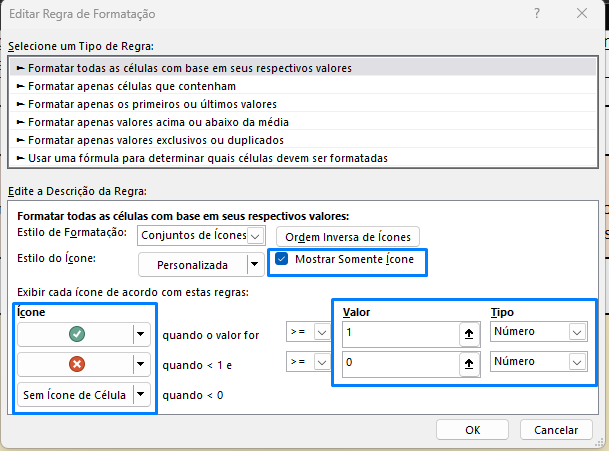 Captura de tela mostrando a janela de Edição de regras do Excel. Nela, está destacado por um quadrado azul as seções de ícones, valor e a opção de mostrar somente ícone com a caixinha demarcarda.