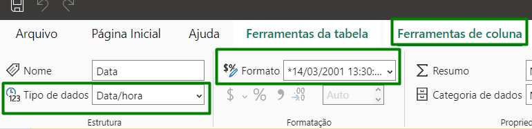 Captura de tela mostrando a tabela aberta no power bi. A guia ferramentas de coluna está selecionada e destacada de verde. Na faixa de opções o tipo de dados como data/hora está marcado de verde e o formato também.