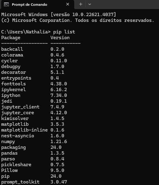 Captura de tela da janela do prompt de comando com o pip list rodado para mostrar todos os pacotes instalado. A lista é composta por uma coluna chamada package e outra coluna chamada version. Temos pacotes do python, numpy, pandas, matplotlib e dentre outras com as suas versões especificadas.