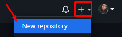 Incio da transcrição.Print do Github mostrando a parte superior direita do cabeçalho, com a opção de + destacada por um quadrado vermelho e com uma seta apontando para New respository. Final da transcrição. 